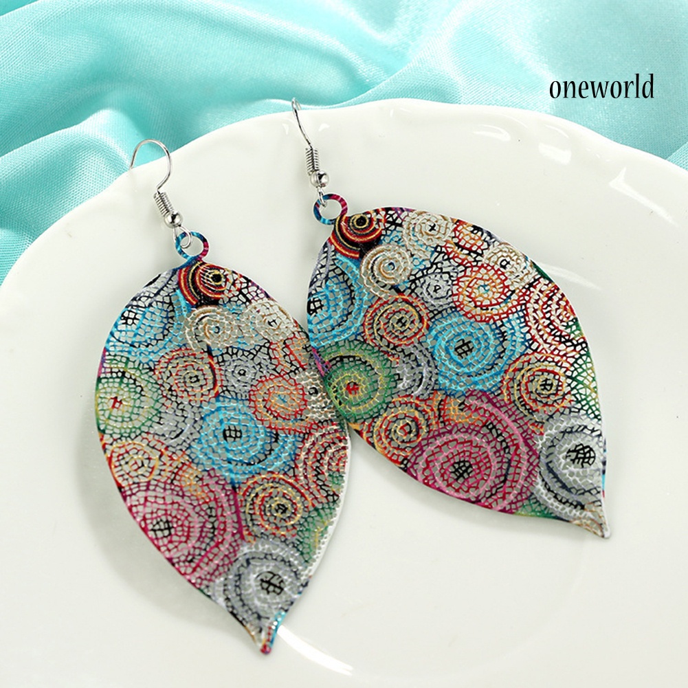 OW@ Vintage Colorful Hollowed Leaf Ear Hook Women Earrings Charm Jewelry Ornament