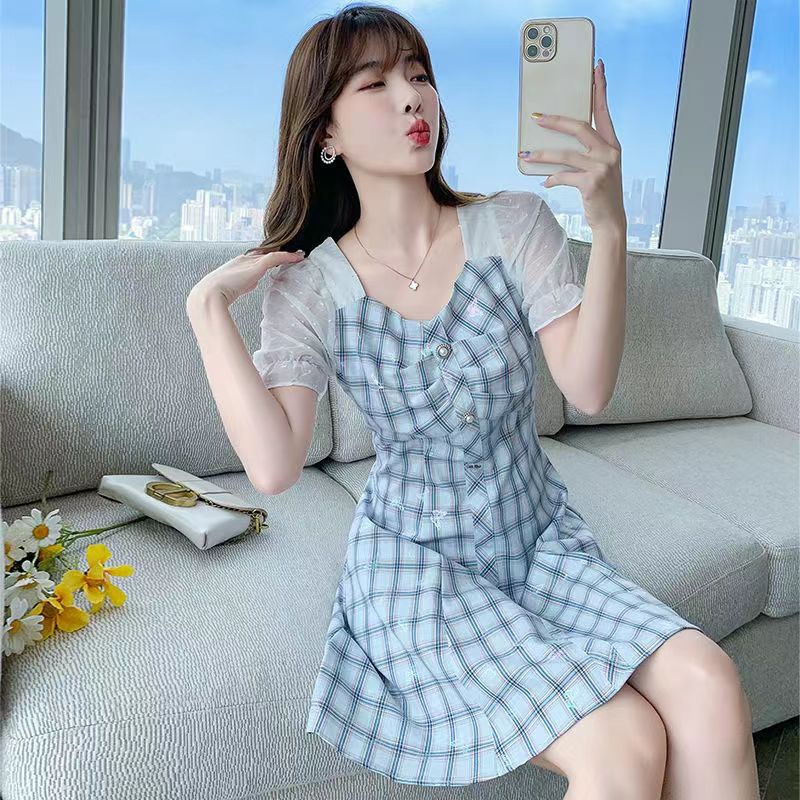 dress pantai wanita/gaun pesta/dress bunga korea/Gaun malam/dress korea wanita/dress brukat korean style navy jumbo pendek wanita korea