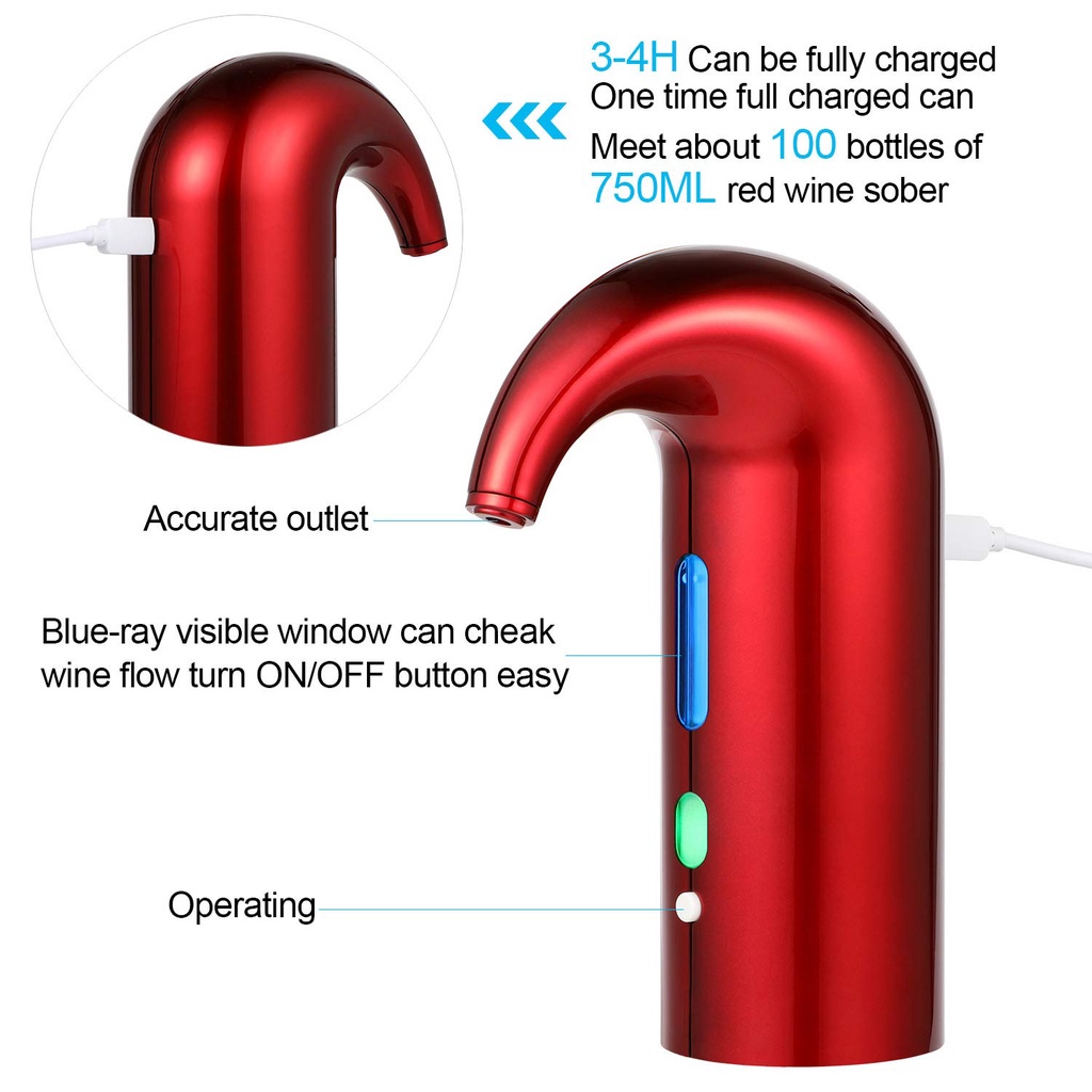 Electric Wine Aerator Portable Pourer Instant Wine Decanter Dispenser Pump One-Touch Automatic USB Rechargeable