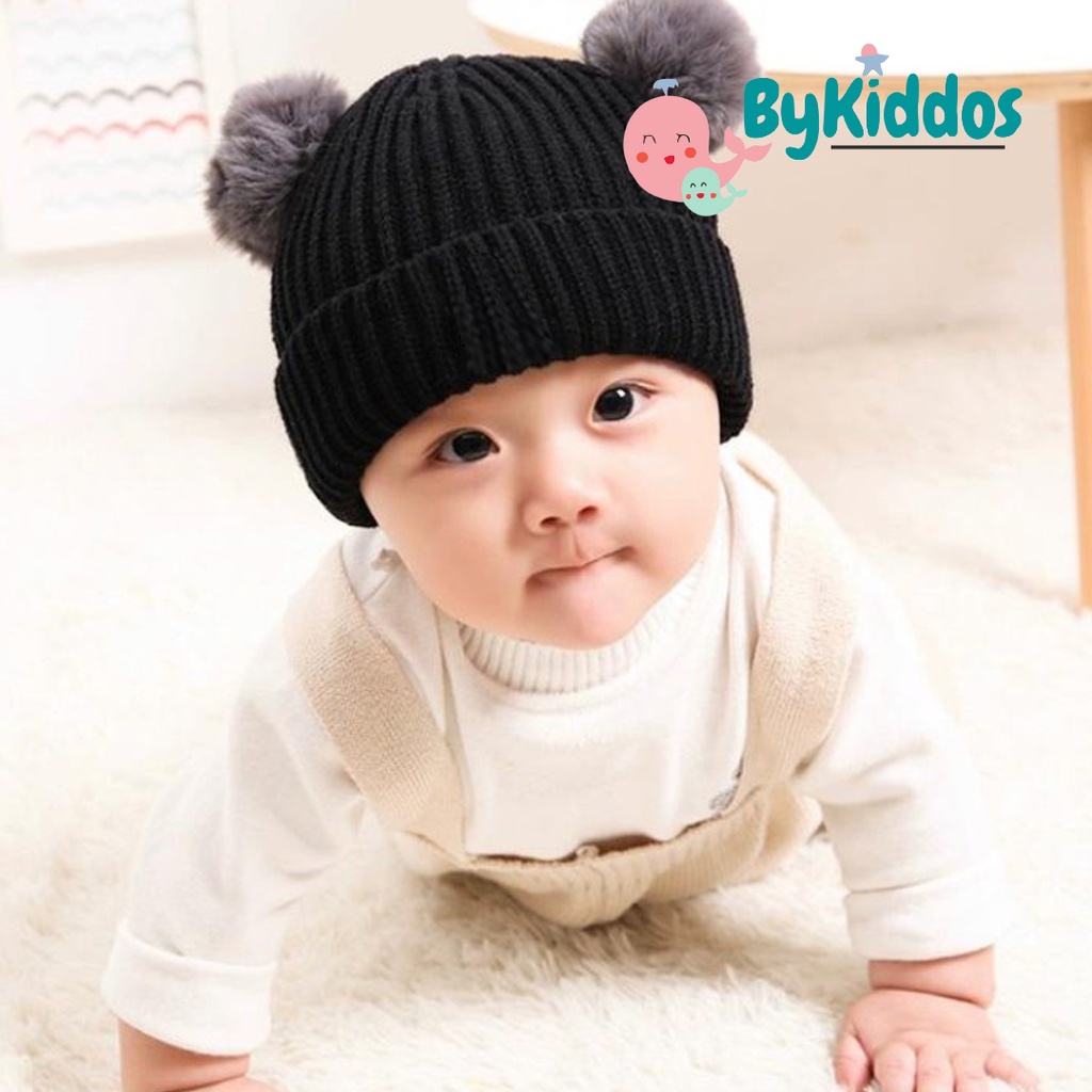 ByKiddos - Topi Rajut Anak Pompom / Topi Rajut Bayi Pompom / Topi Kupluk Pompom Anak / Topi Kupluk Pompom Bay