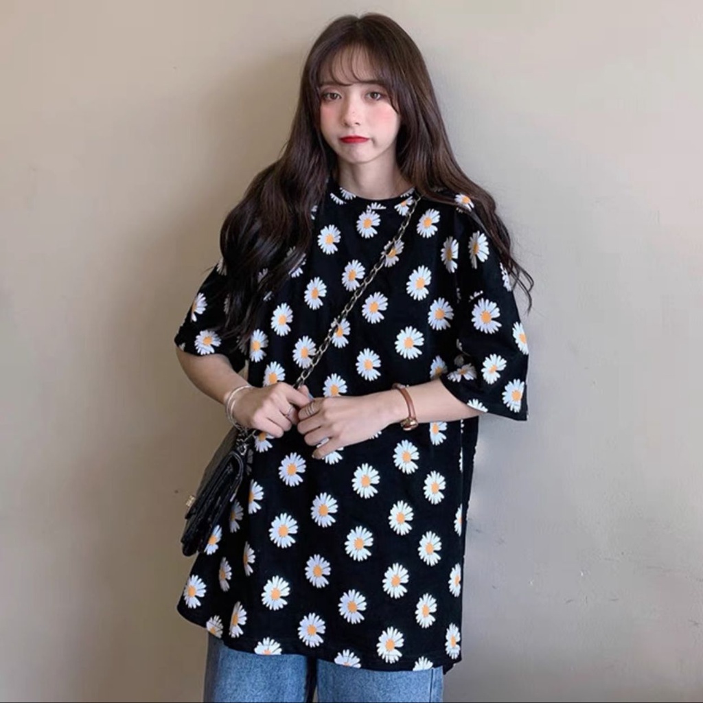 Oversize Tee Tshirt Model Longgar Untuk Wanita Motif Bunga Daisy