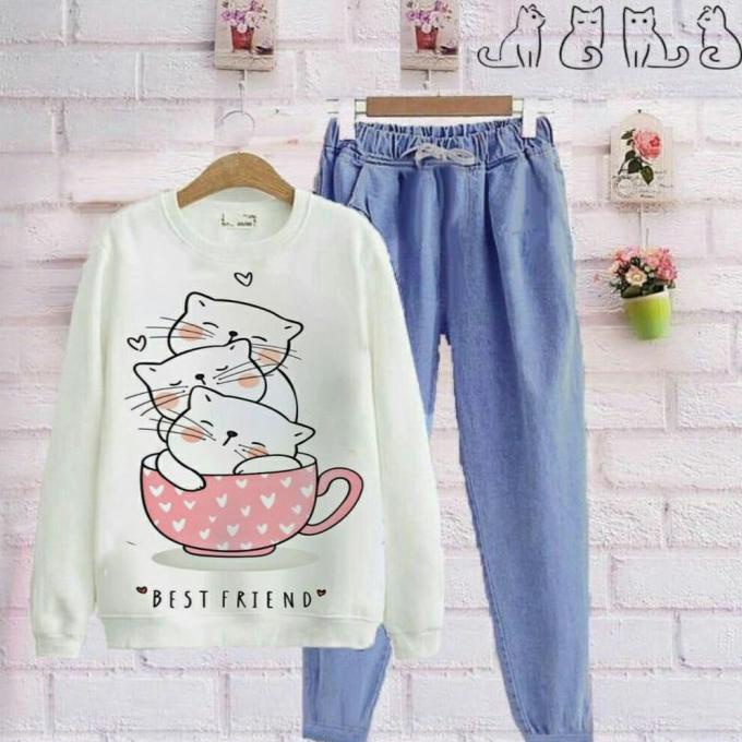 Baju Setelan Sweater Kaos Anak Remaja Perempuan Wanita Korea Tanggung