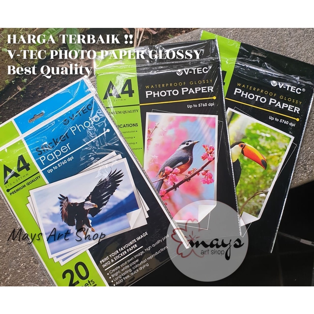 Photo Paper V-Tec A4 / Kertas Foto Vtec Glossy Waterproof 210 / 185 / 230 gsm / 135gsm sticker 20 sh