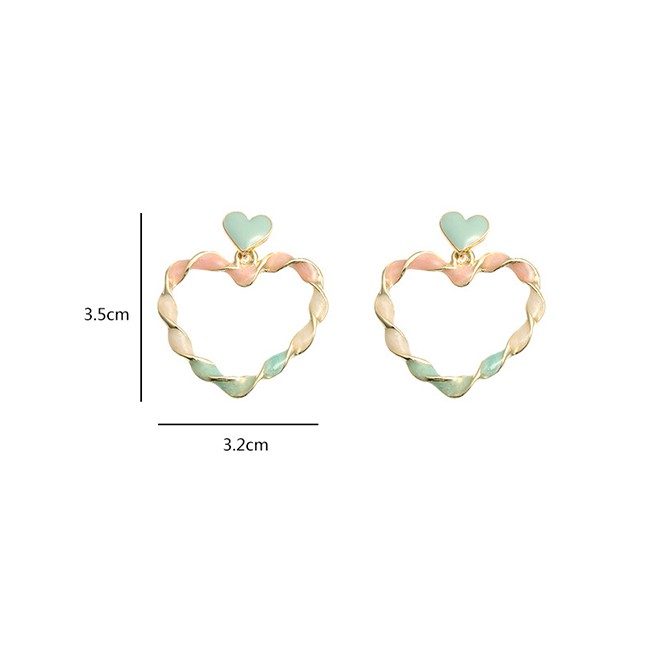 LRC Anting Tusuk Fashion Openwork Green Metal Dripping Contrast Color Heart Earrings K26940
