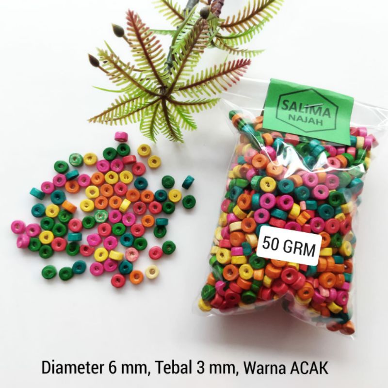 Manik Kayu TABUNG PIPIH WARNA ACAK 6 mm isi 50 gram . manik spacer Aksesoris Mote