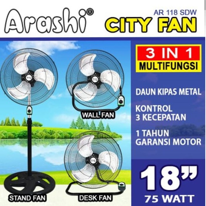 Kipas Angin Besi 3 Fungsi ARASHI Cityfan 18 Inch AR118SDW / Garansi 1 Tahun