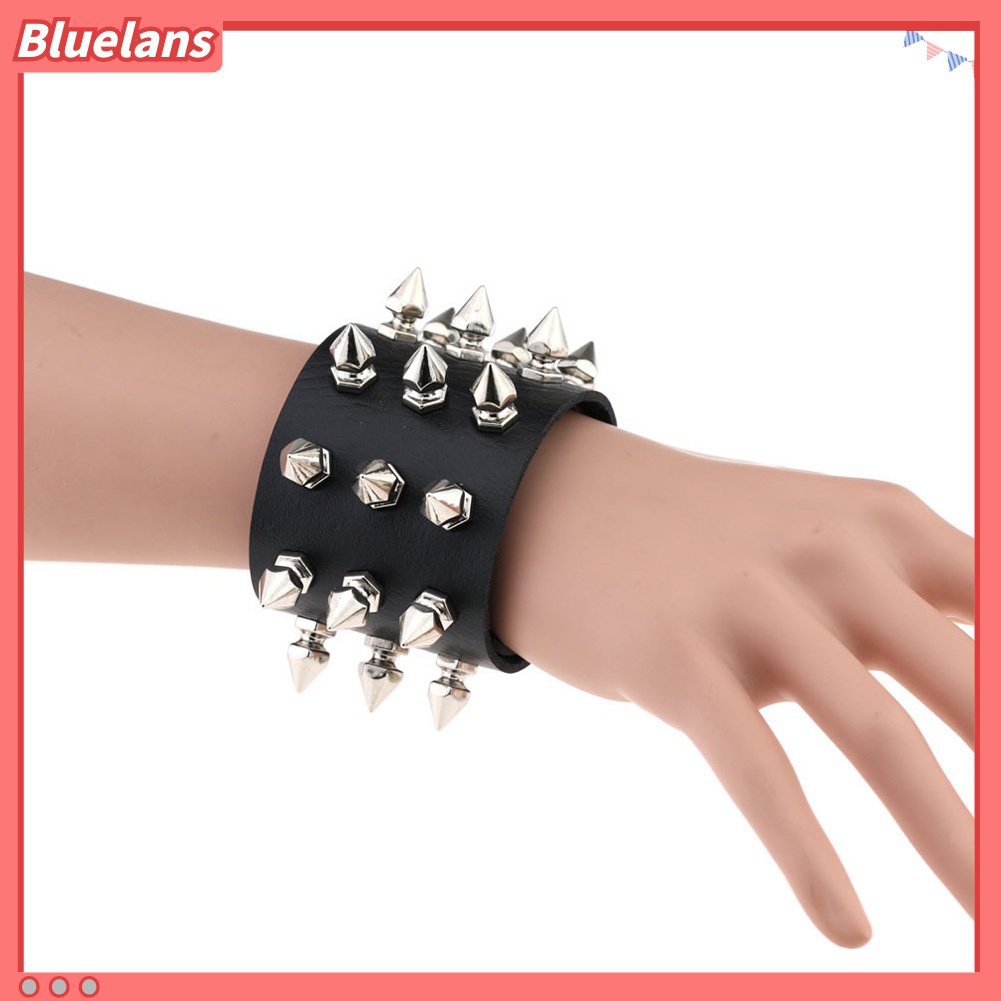 Bluelans Gelang Tangan Kulit Imitasi Aksen Rivet Kerucut Stainless Steel Gaya Punk Untuk Wanita