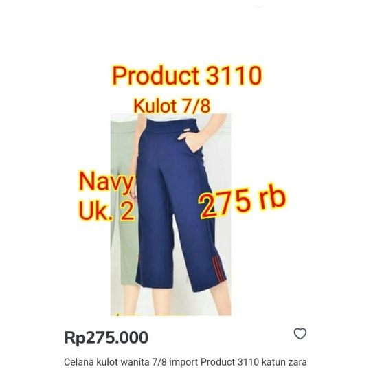 Celana Kulot 7/8 Import Wanita Product 3110,  Katun Zara