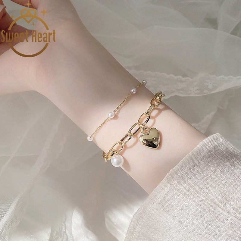 Gelang Mutiara Double Layer Bentuk Hati Gaya Korea Untuk Wanita