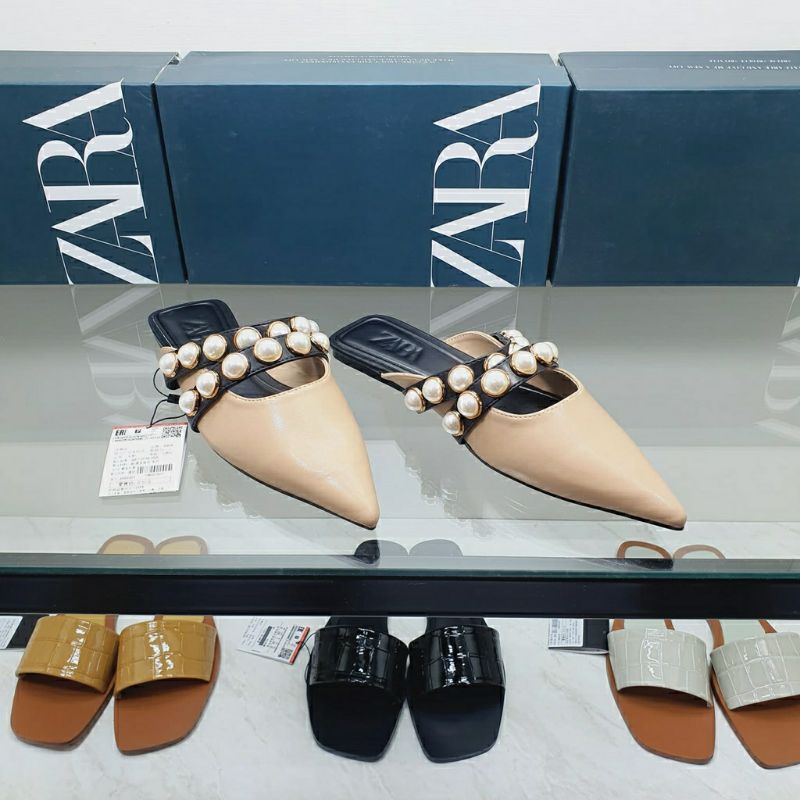 SALE SANDAL FLAT MULES BRANDED ZARA PEARL MUTIARA
