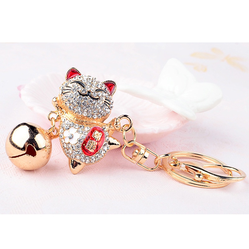 Gantungan Kunci Mobil Bentuk Kucing Keberuntungan Bahan Alloy Hias Kristal Berlian Imitasi