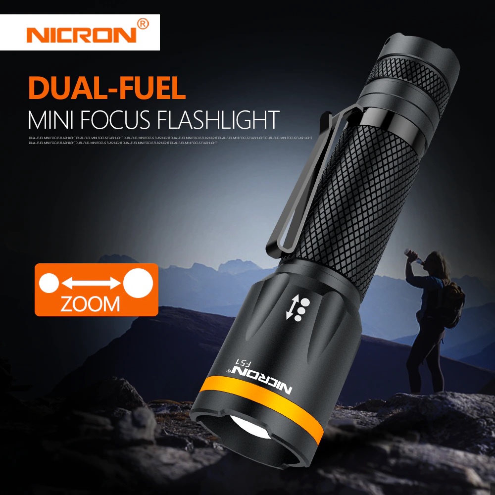 NICRON F51 - Mini Portable Focus Dual- Power Flashlight - Senter Portabel Zoom-In Zoom-Out 600 Lumens