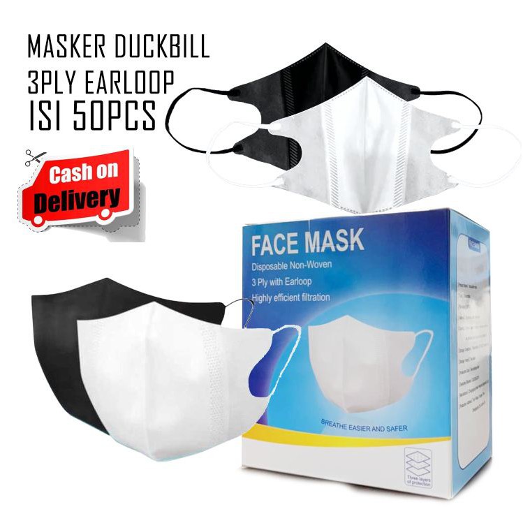 Masker Duckbill Dewasa / Masker Duckbill 3d 25pcs / 50 pcs Ada Garis Hidung 3ply Hitam Dan Putih