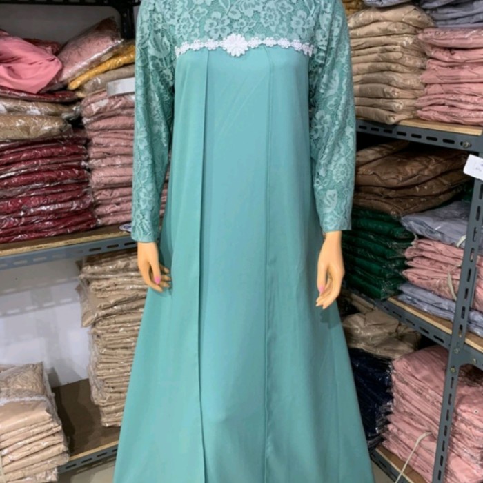 GAMIS MX ZELIA/Moscrepe kombinasi Brukat lapis furing/No Jilbab - Hijau Wardah, M