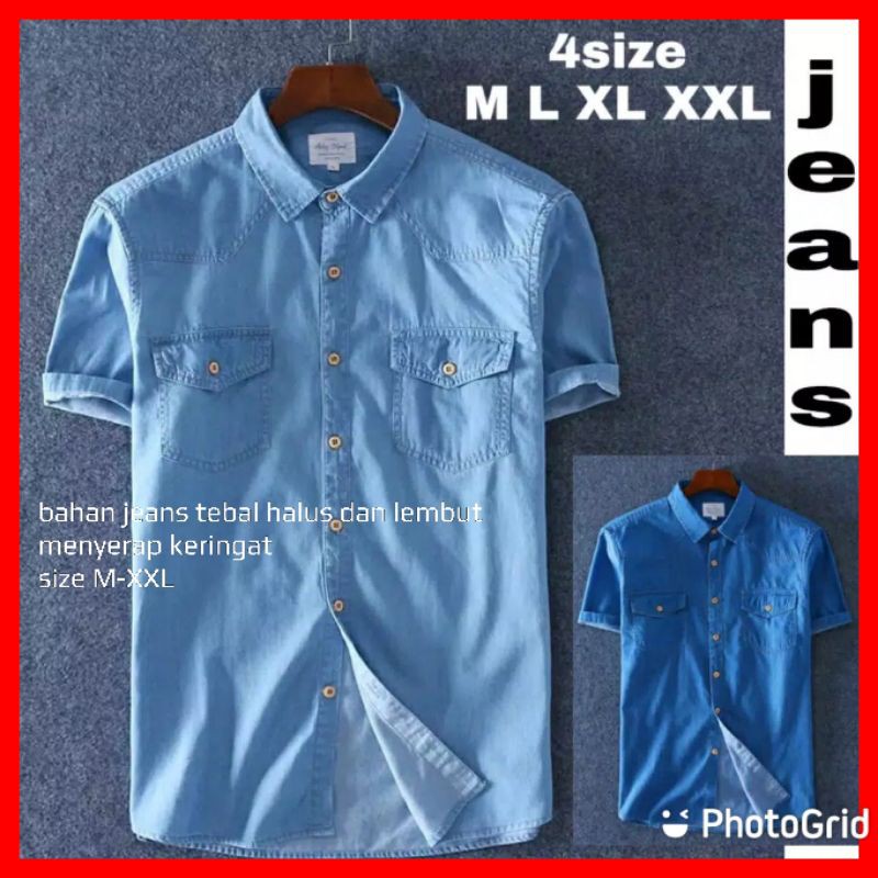 baju distro kemeja jeans Levis lengan pendek pria bahan tebal