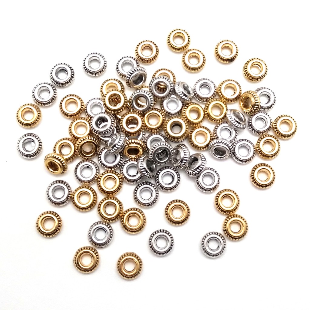 50 / 30pcs Manik-Manik Bulat Datar Bahan Zinc Alloy Logam Ukuran 7x3 / 8x6mm Untuk Membuat Perhiasan Gelang Kalung