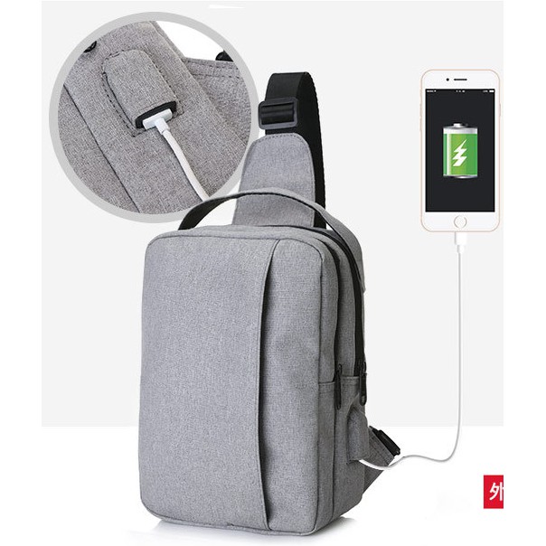  Tas Selempang Pria Kanvas USB PORT Sling Bag Smartphone 