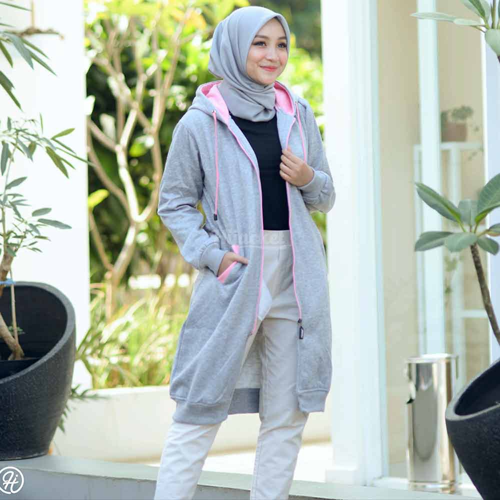 Jaket Jacket Polos Hoodie Panjang Wanita Cewek Muslimah Hijabers Kekinian Abu Muda Hijacket BC Grey-Abu Pink