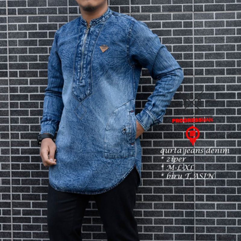 Koko denim pria lengan panjang / qurta denim ziper Pakistan premium