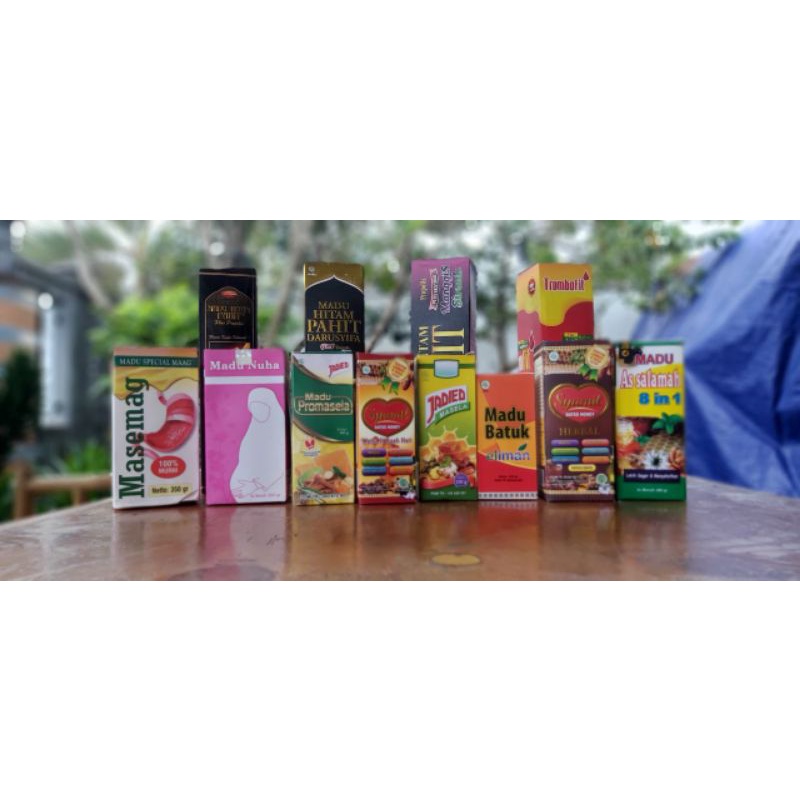 

Madu Masemag 350 gr/Madu Nuha 350 gr/madu pahit darusyifa 470 gr/madu jadied promasela 165 gr/madu jadied Masela 165 gr/Syamil anak 125 ml/Syamil family 200 ml/madu batuk EL iman 165 gr/madu assalamah 8in1