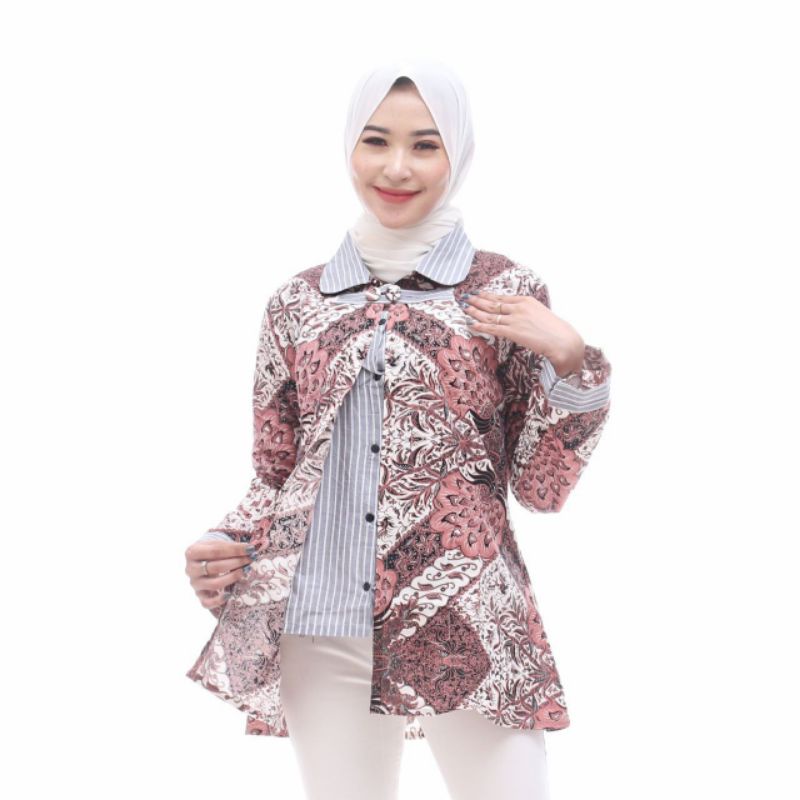 tey-17 Batik Wanita ASJ SA HRB026 Kenogo Kemeja Tosca Pendek-B Kotak jt