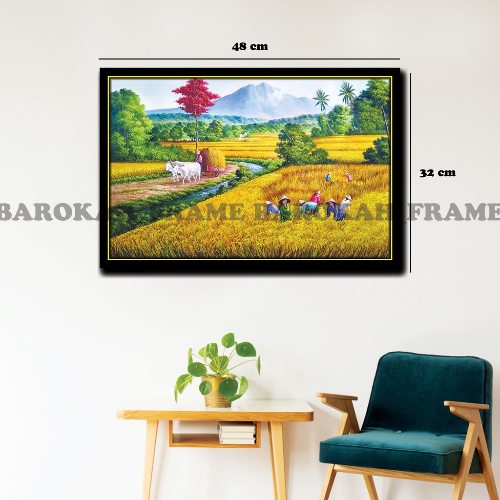 Poster Foto Lukisan Pemandangan Sawah Panen Raya Petani Bertani 32x48cm