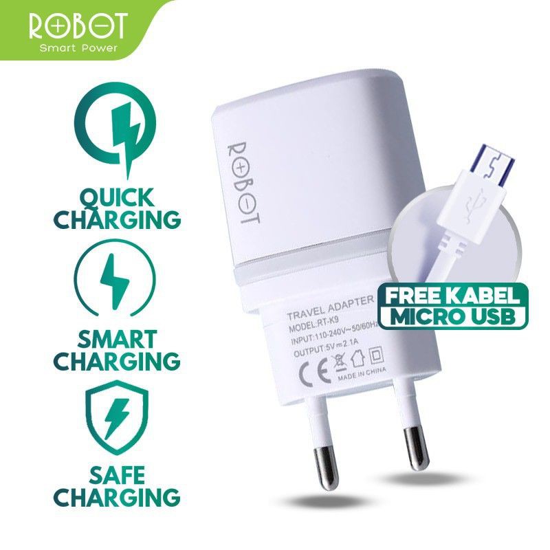 (ROBOT RK09) Power Charger Dual usb 2.1A Kabel micro Quick Charge 12W Smart Protection