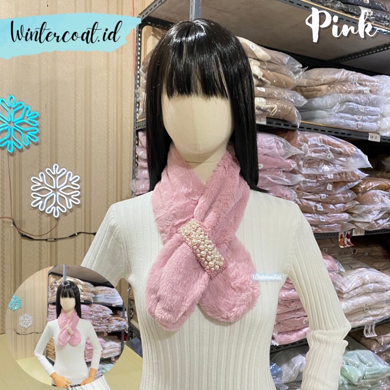 Fur scarf pearl syal bulu import hangat aksesoris mutiara korean style winter faux