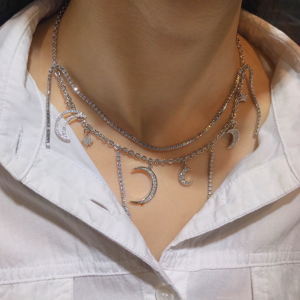 Kalung Chocker Model Lapis Ganda Bahan Stainless Desain Matahari Bulan Bintang Laut