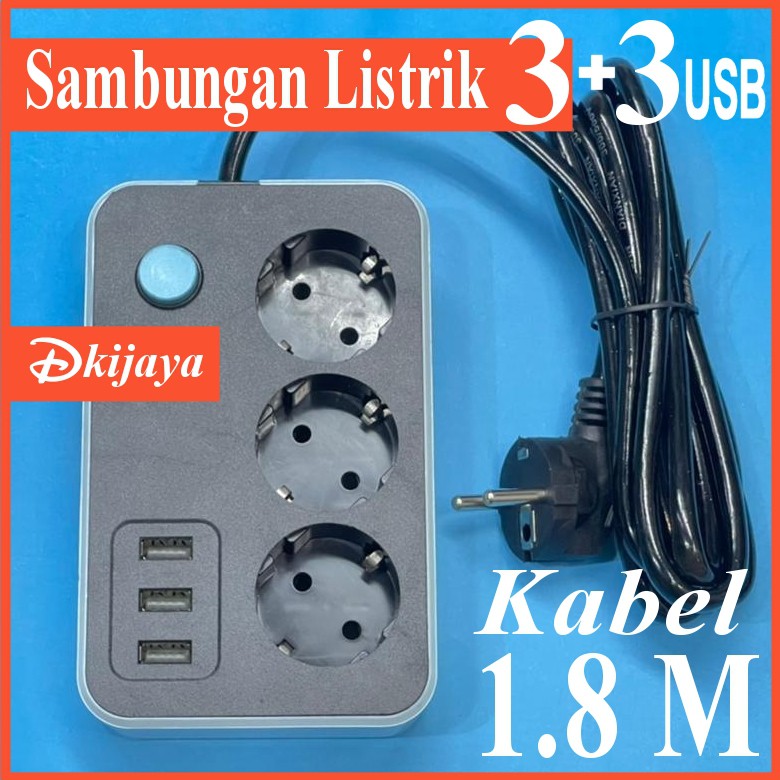 Colokan Sambungan Listrik 3 Lubang 3 USB Kabel panjang 1.8 Meter Stopkontak Stop Kontak USB Charger