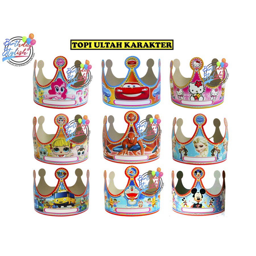 Topi Karakter Karton Mahkota/ Topi Mahkota Tayo LOL Frozen Cars Doraemon Spiderman isi 10 Pcs
