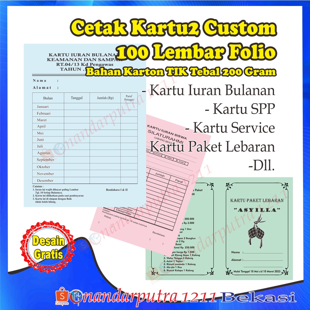 

(100 Lembar Folio)Cetak K artu Iuran/ K artu SPP/K artu Infaq/K artu paket lebaran Custom