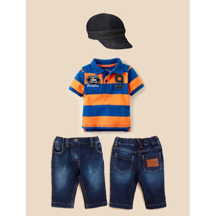 GAP Orens Stripe blue Setelan anak laki-laki ( baju + jeans + topi)