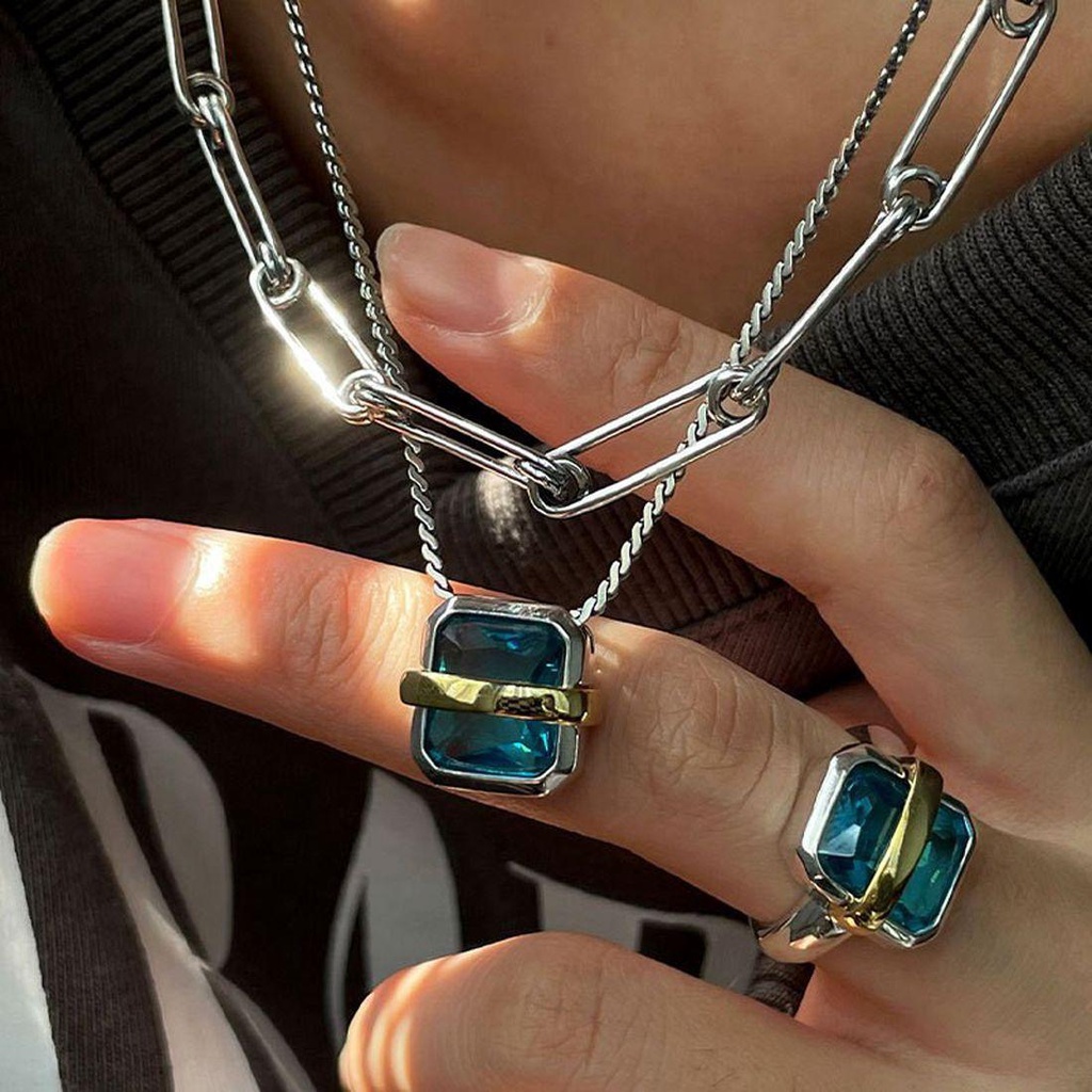 Needway Wanita Kalung Menawan Vintage Wanita Rantai Klavikula Minimalis Sweater Liontin Biru Kristal Cincin