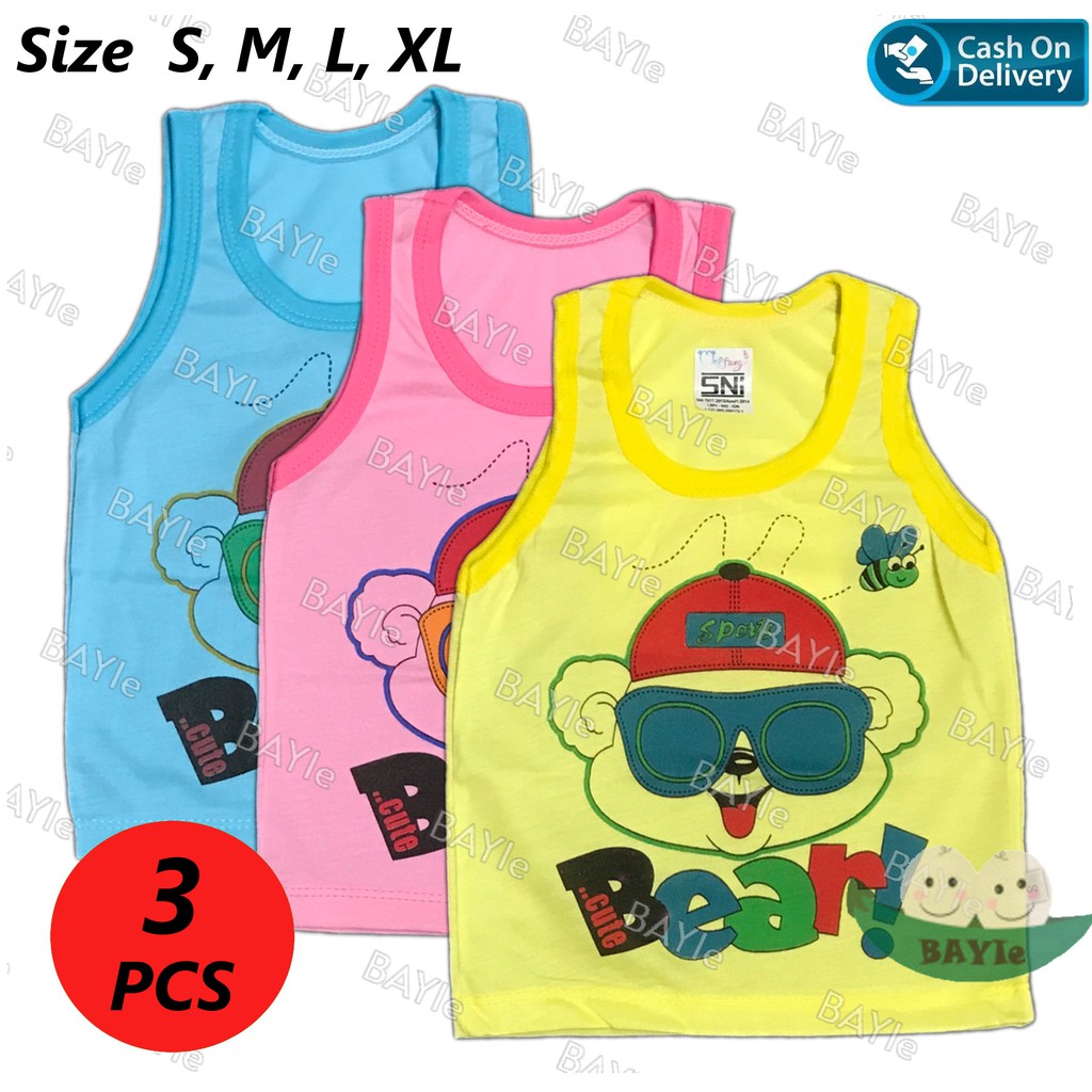 BAYIe - 3 PCS Kaos Singlet / Kutung Bayi/Anak Laki/Perempuan Motif BEAR MF Size S, M, L, XL