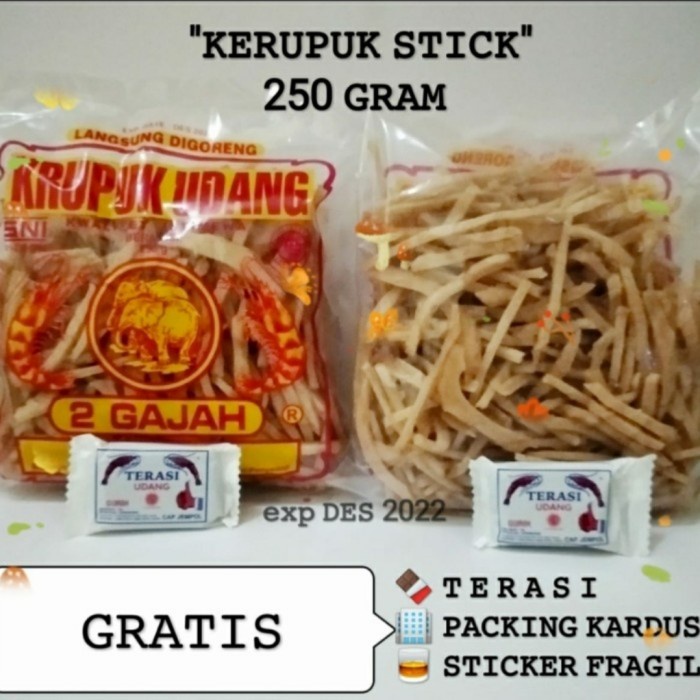 

PROMO PROMO!! Kerupuk Udang Stick Dua Gajah 4 pcs GRATIS TERASI