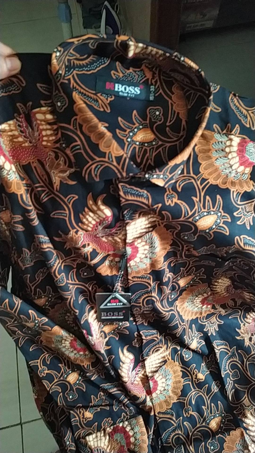 Kemeja Batik Pria Boss Panjang Slim Fit Motif Elang Premium Navy Hitam