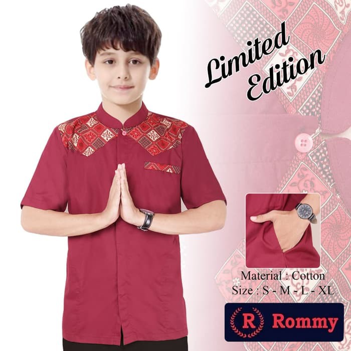 terbaru Kemeja / Baju Koko Muslim Anak - Biru Dongker Kombinasi Batik
