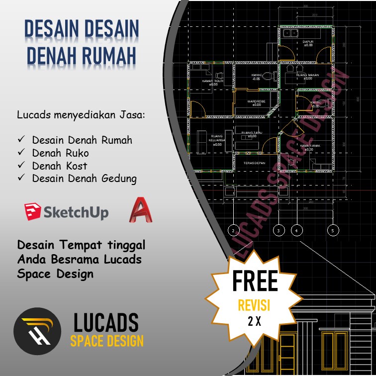 Desain Gambar denah rumah kos ruko dan gedung menggunakan autodesk autocad dan sketchup