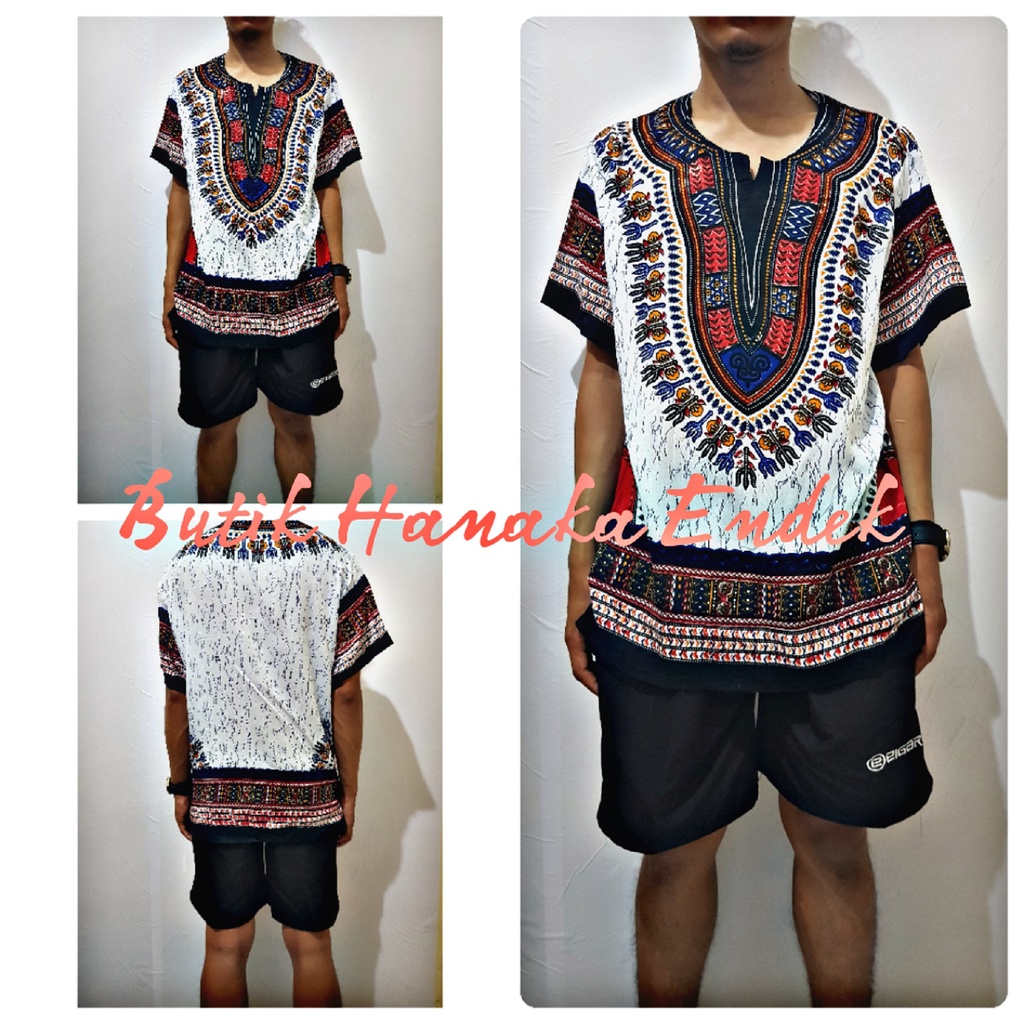 Baju dan Celana Pendek Setekan Etnik Dashiki Putih Pria/Wanita (Unisex)