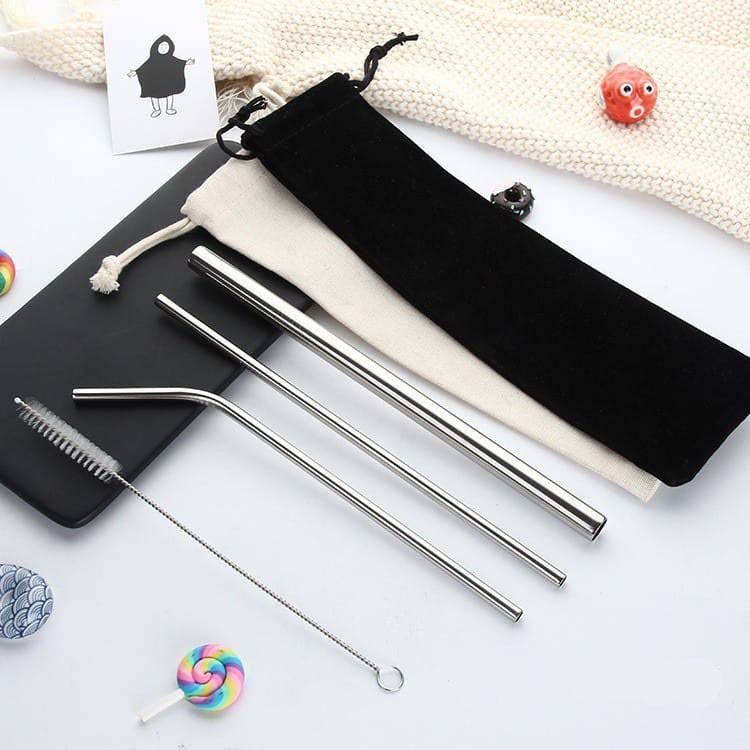 ZILLO Sedotan Stainless Set Isi 4 Pcs Sedotan Boba Sedotan Straw 4in1 Bonus Pouch Kualitas Premium