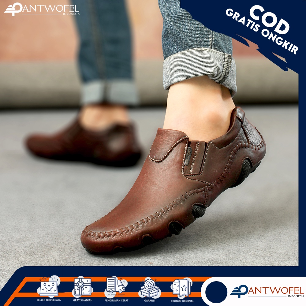 PTW X LIBE - Sepatu Pantopel Oxford Formal Kerja Cowok Slip On Anti Slip Bahan Kulit Sapi Asli Kualitas Premium Ukuran 39 - 43 Warna Cokelat Hitam - Spatu Fantopel Kasual Kerja Kantoran Resmi Rapat Dinas Paspampres Pansus Nikahan Lamaran Pesta Crocodile