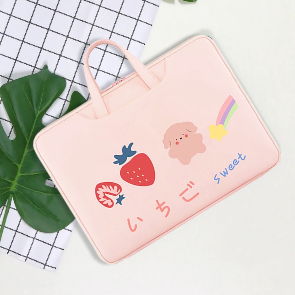 Sleeve Pouch Sarung Tas Bag Case Ipad Tab Tablet Macbook Air Pro Laptop Asus Acer Lenovo HP Huawei 11 12 13 14 15 inch Motif Gambar Rainbow Bear Beruang Warna Pink Lucu Cute Murah Korean Model Jinjing Tali Strap