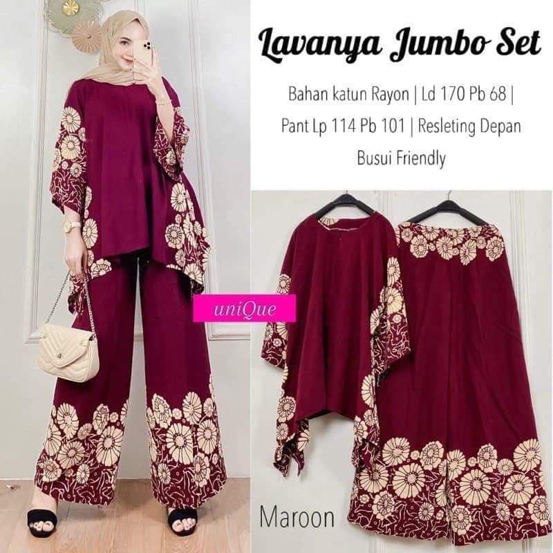 Lavanya Set Jumbo - One Set Jumbo Katun Rayon Tidie Premium Busui Setelan Wanita Waka Waka Set Celana Panjang Bigsize LD 140 cm