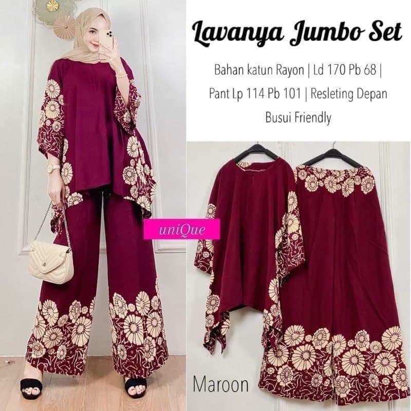 Lavanya Waka Set Jumbo - One Set Wanita Kekinian Rayon Batik Setelan Wanita Celana Panjang LD 140 cm