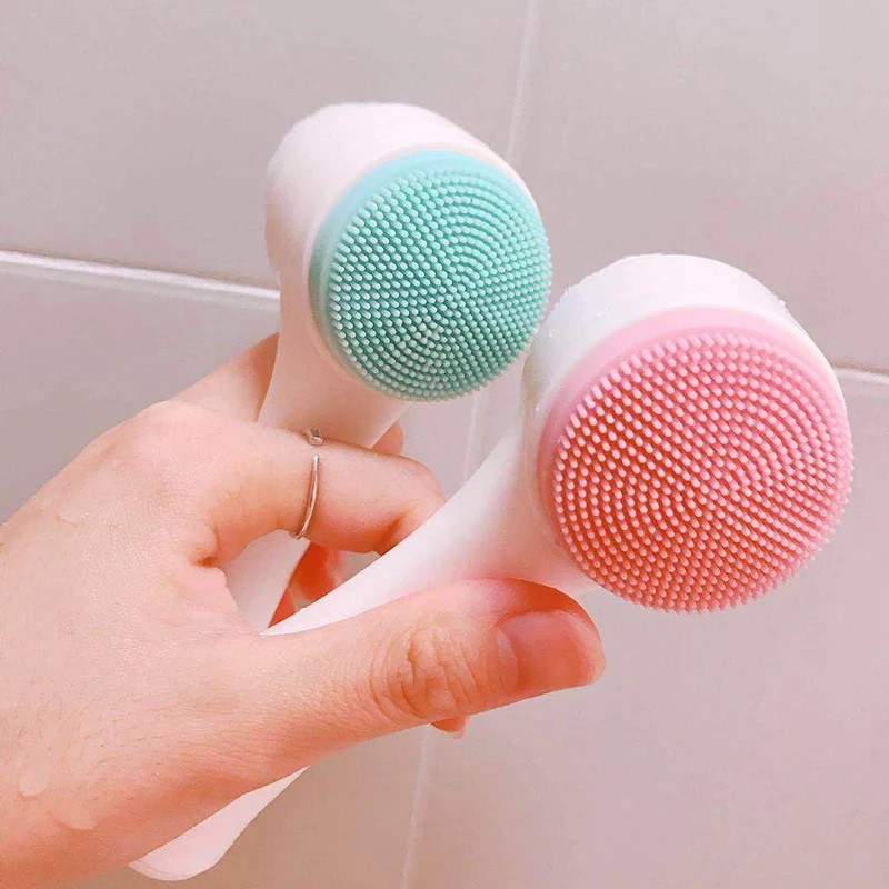 Alat Pembersih Wajah Silikon 2 Sisi Gagang / Alat Cuci Muka 2in1 Facial Brush Dan Bulu Sikat Silikon