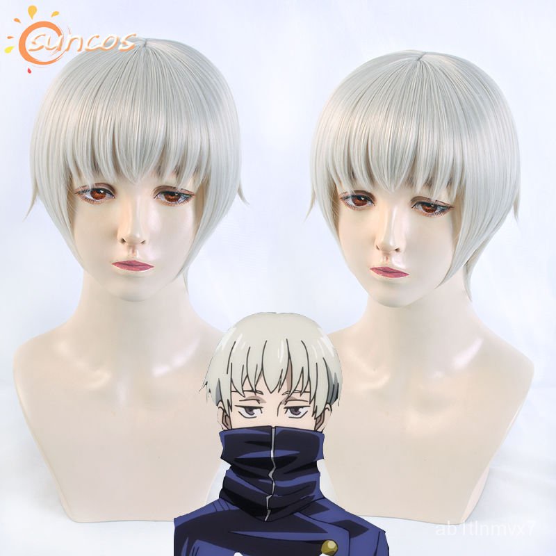Anime Jujutsu Kaisen Toge Inumaki Cosplay Wig Kostum Rambut Sintetis Tahan Panas Abu-abu Pendek