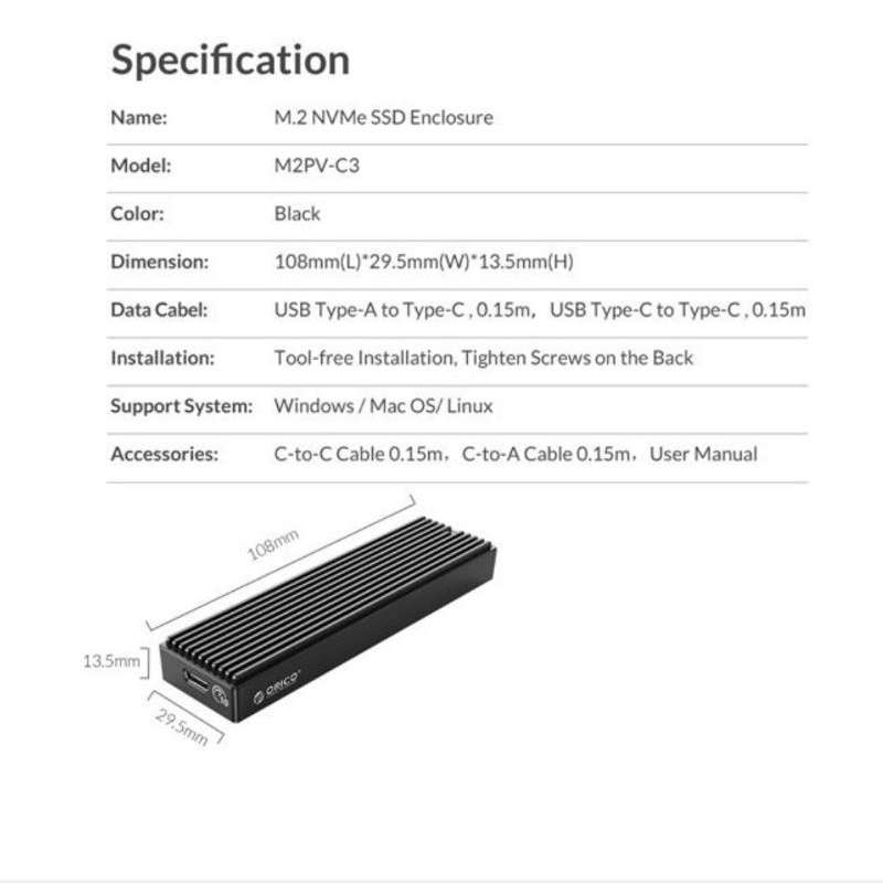 Orico M.2 NVMe SSD Enclosure USB Tipe C 3.1 External Case