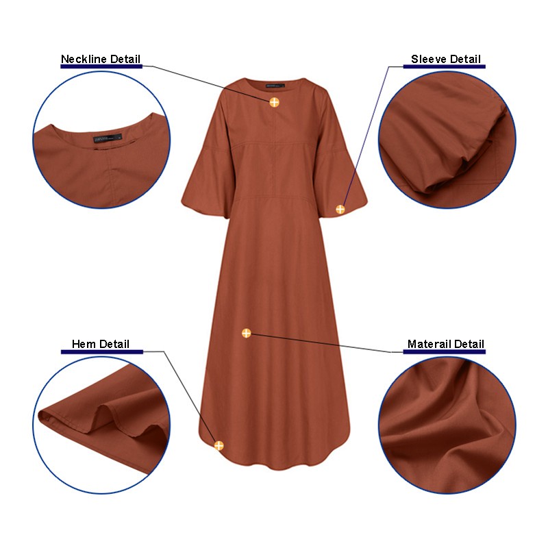 ZANZEA Women Casual 3/4 Lantern Sleeve Solid Color Elastic Cuff Maxi Dress