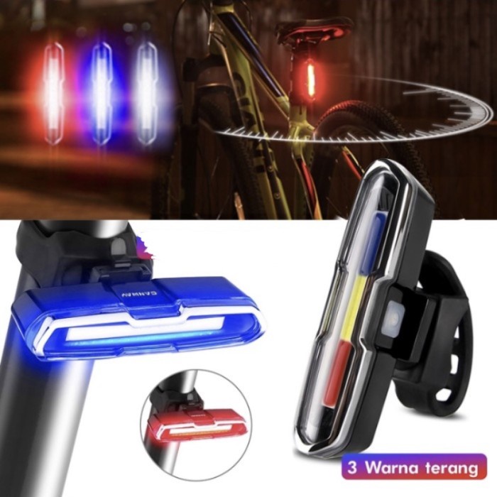 Lampu belakang sepeda 3 led warna merah biru putih usb 5 mode